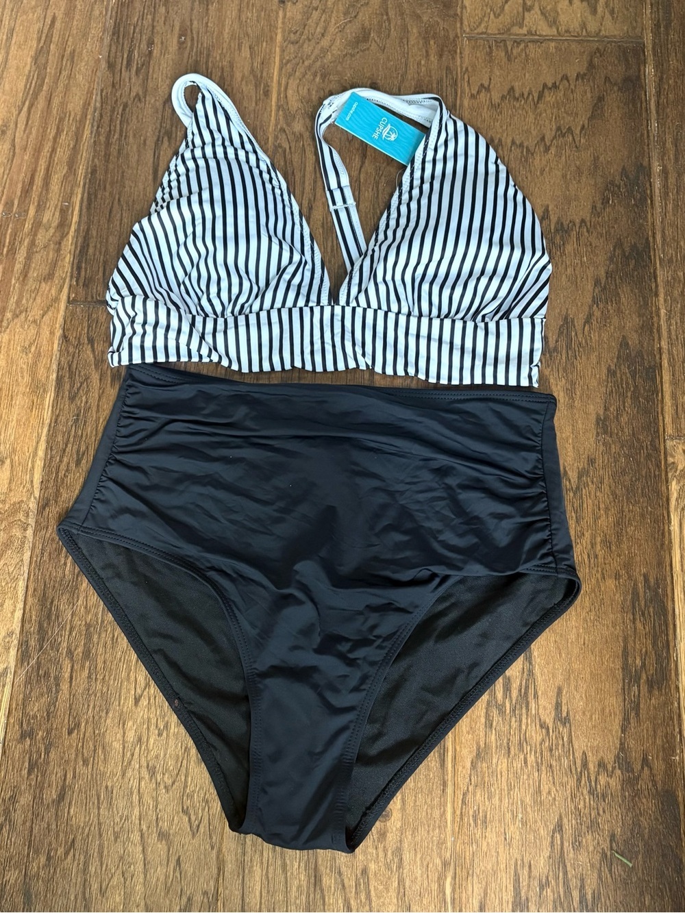 Cupshe Black High-Waist Bikini with White & Black Striped Top